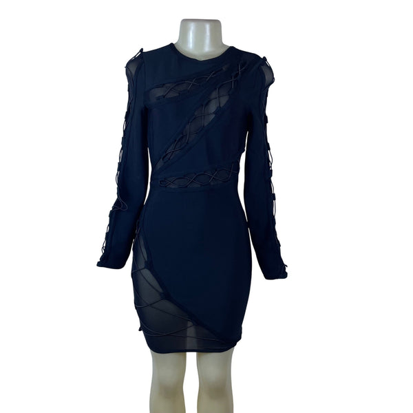 Fashion Nova Women’s Black Sheer Mesh Long Sleeve Bodycon Dress Size S - New