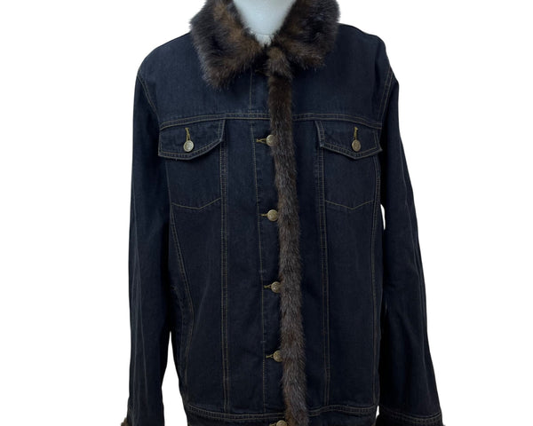 Dennis Basso Denim Jean Jacket With Brown Faux Fur Collar & Cuffs Size L
