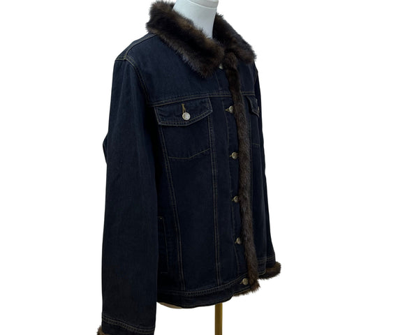 Dennis Basso Denim Jean Jacket With Brown Faux Fur Collar & Cuffs Size L