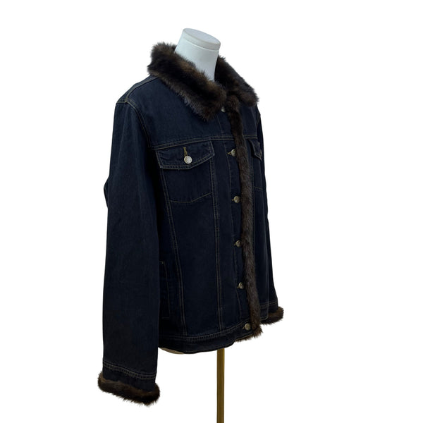 Dennis Basso Denim Jean Jacket With Brown Faux Fur Collar & Cuffs Size L