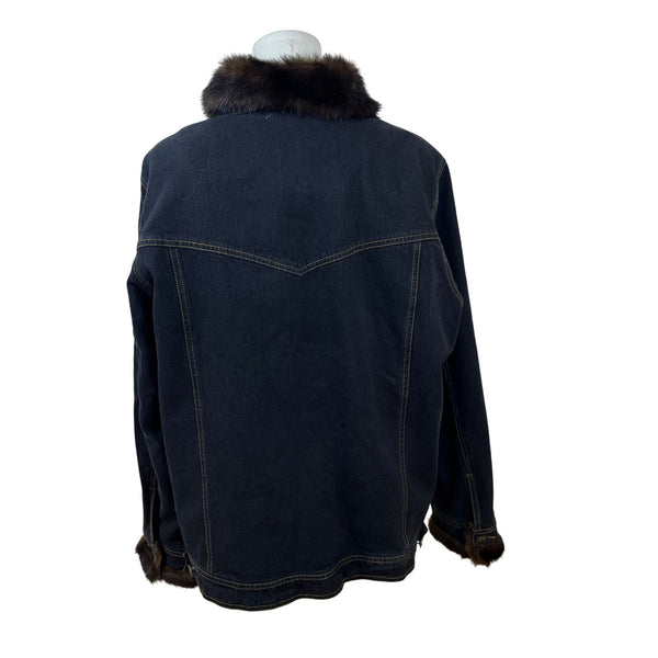 Dennis Basso Denim Jean Jacket With Brown Faux Fur Collar & Cuffs Size L
