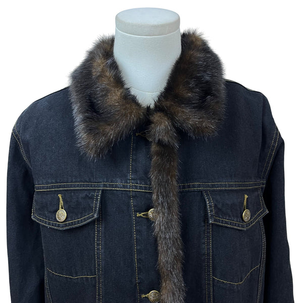 Dennis Basso Denim Jean Jacket With Brown Faux Fur Collar & Cuffs Size L