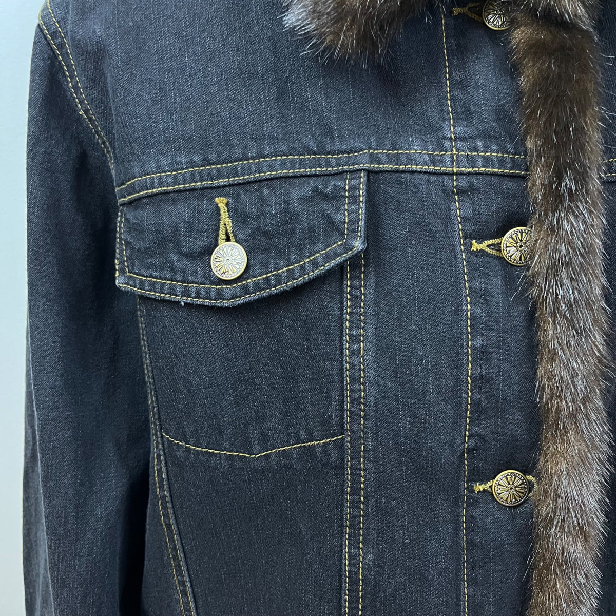 Dennis Basso Denim Jean Jacket With Brown Faux Fur Collar & Cuffs Size L