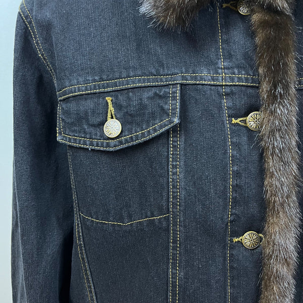 Dennis Basso Denim Jean Jacket With Brown Faux Fur Collar & Cuffs Size L