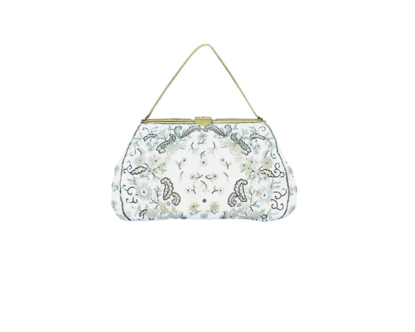 Vintage Floral Design Beads Metal Frame Snake Chain Handle Evening Clutch Sz S