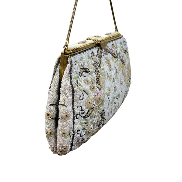 Vintage Floral Design Beads Metal Frame Snake Chain Handle Evening Clutch Sz S