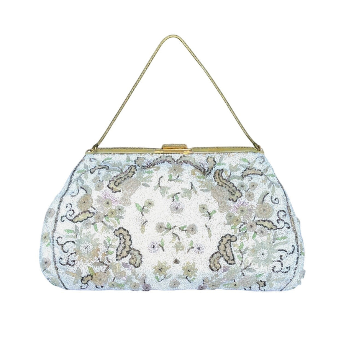Vintage Floral Design Beads Metal Frame Snake Chain Handle Evening Clutch Sz S