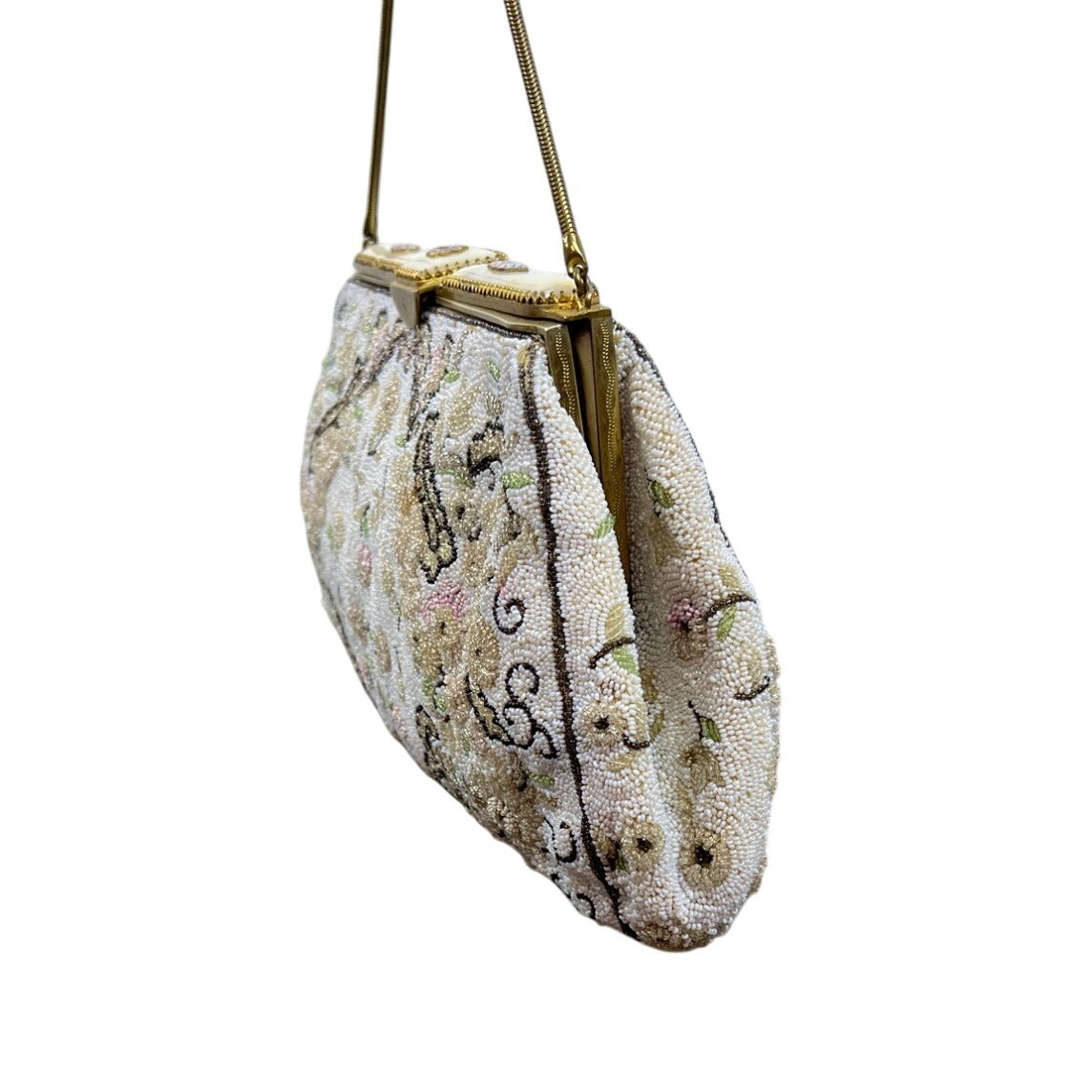 Vintage Floral Design Beads Metal Frame Snake Chain Handle Evening Clutch Sz S