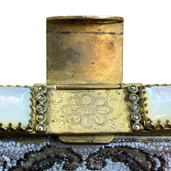 Vintage Floral Design Beads Metal Frame Snake Chain Handle Evening Clutch Sz S