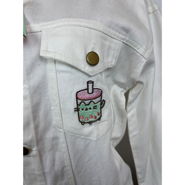 Pusheen Womens Denim Jacket W Embroidered Boba Patch Long Sleeve Sz XS - New