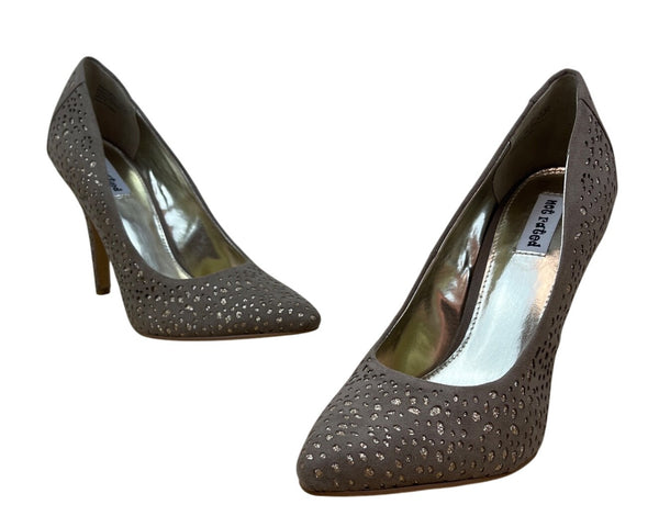Not Rated Womens Gray Perforated Fabric Gold Glitter Pointed Toe Heels Sz 7.5