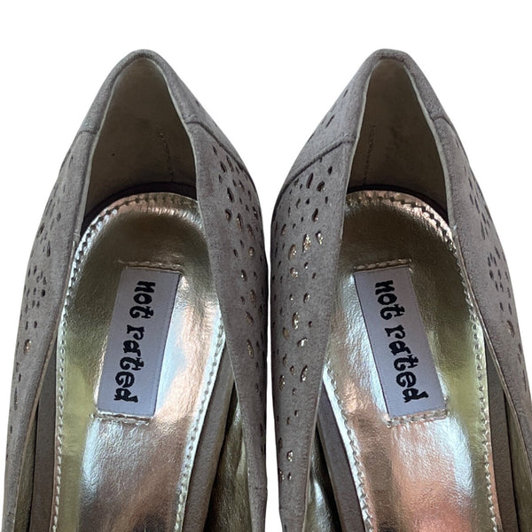 Not Rated Womens Gray Perforated Fabric Gold Glitter Pointed Toe Heels Sz 7.5