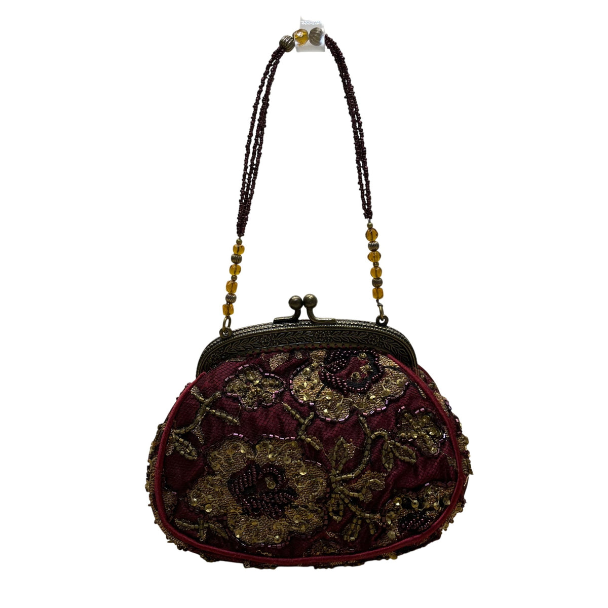 Christiana Women’s Burgundy Beaded Brass Frame & Beaded Handle Evening Handbag