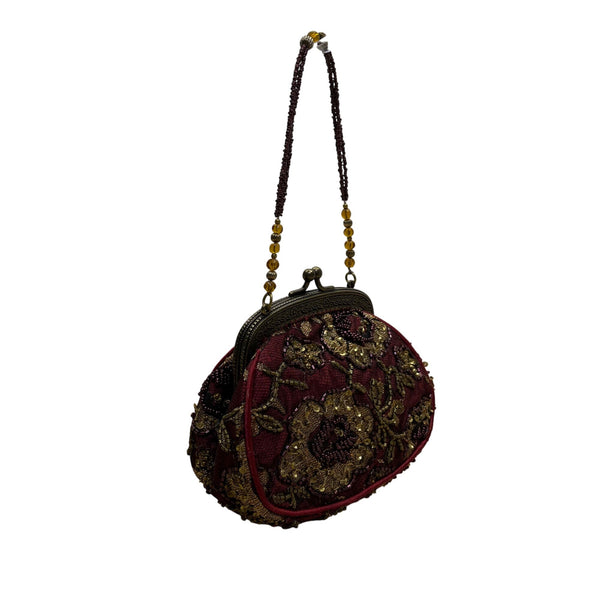 Christiana Women’s Burgundy Beaded Brass Frame & Beaded Handle Evening Handbag