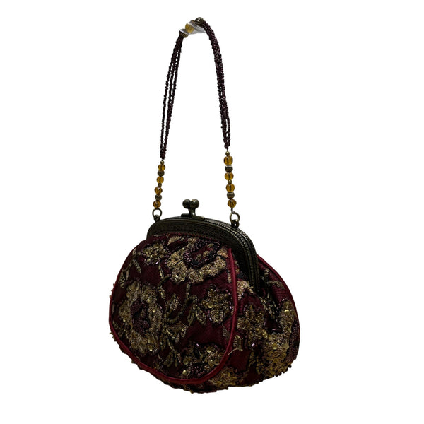 Christiana Women’s Burgundy Beaded Brass Frame & Beaded Handle Evening Handbag