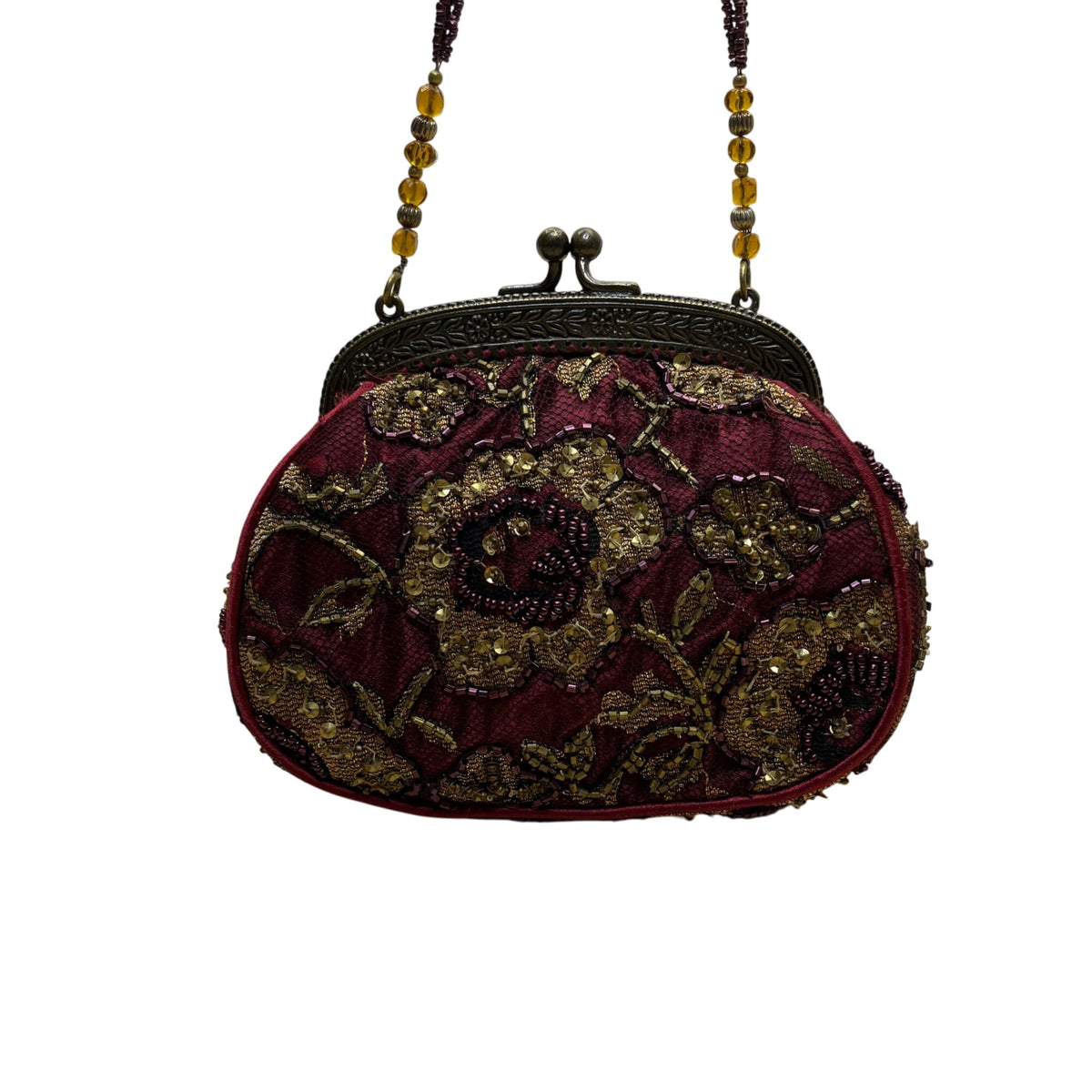Christiana Women’s Burgundy Beaded Brass Frame & Beaded Handle Evening Handbag