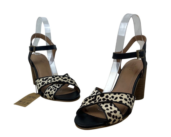 Crevo Women’s Black Spotted Leather Cow Hair Katnis Heeled Sandals Sz 7.5 - New