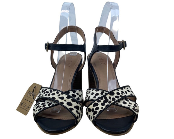 Crevo Women’s Black Spotted Leather Cow Hair Katnis Heeled Sandals Sz 7.5 - New