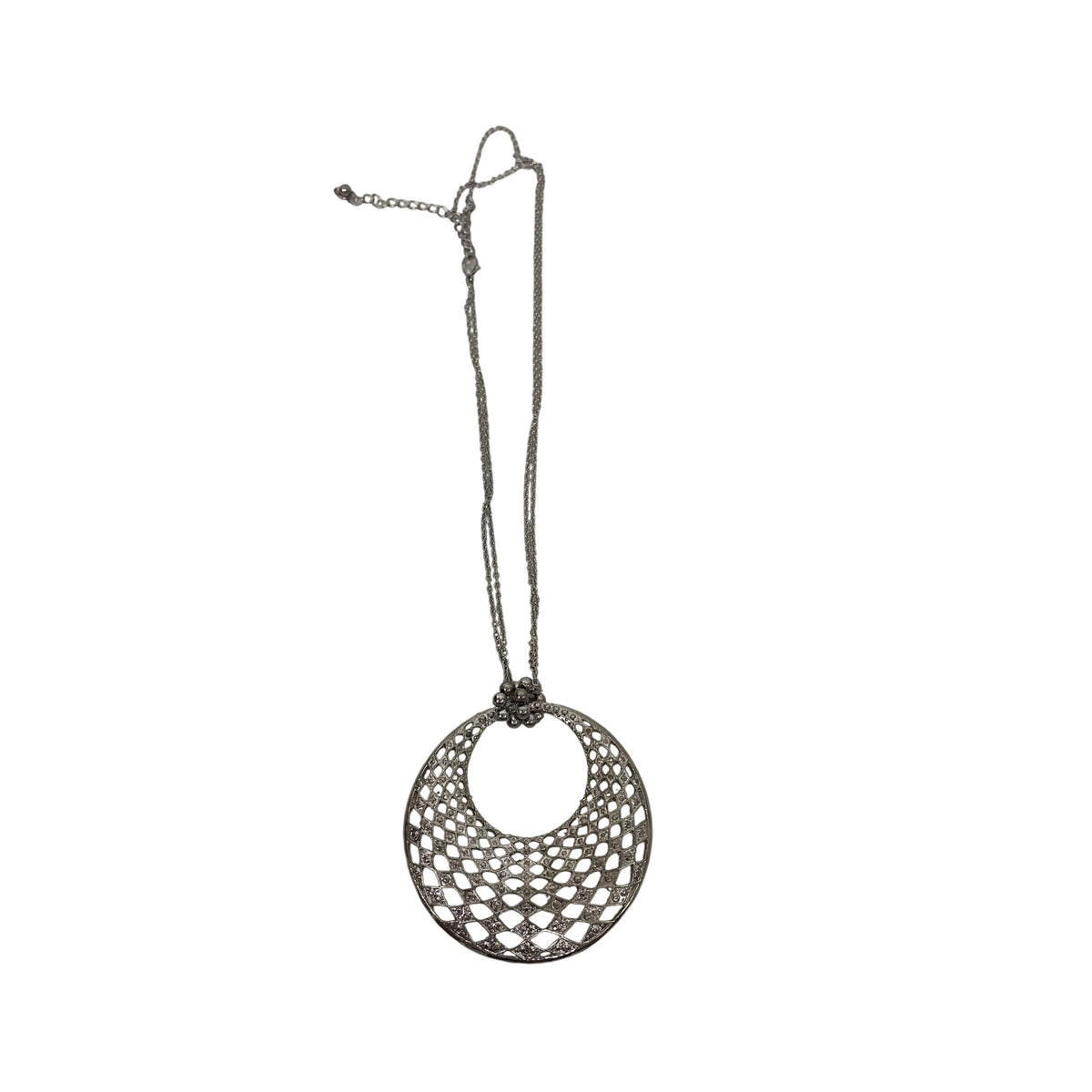 Silver-Tone Womens Adjustable Necklace With Round Openwork Pendant & Lobster Clasp Chain