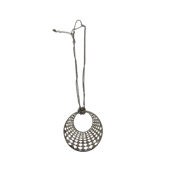 Silver-Tone Womens Adjustable Necklace With Round Openwork Pendant & Lobster Clasp Chain