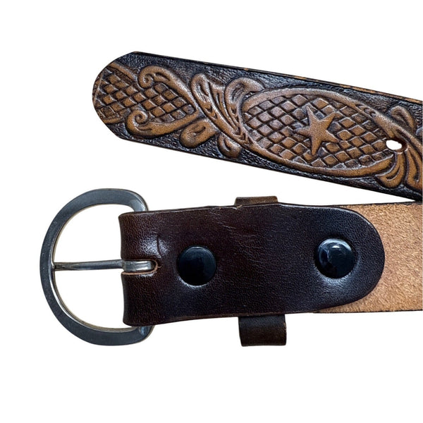 Vintage Tooled Leather Belt With Floral & Star Design