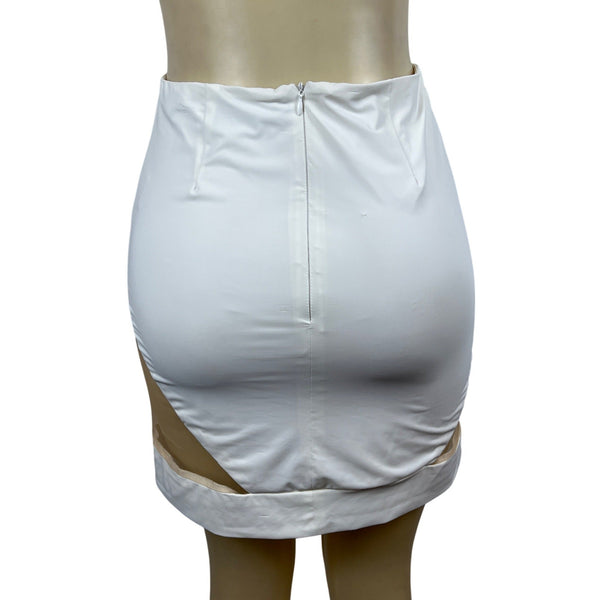 Akira White Mini Skirt With Sheer Mesh Panels & Back Zipper Sz L