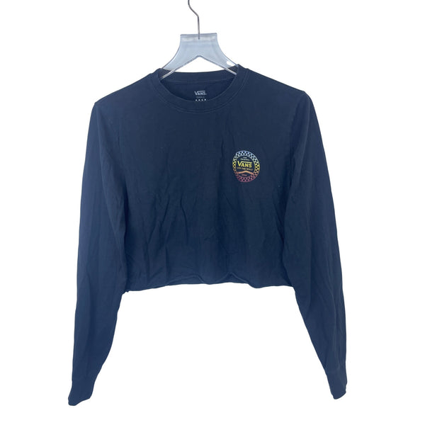 Vans Womens Black Cotton Cropped Long Sleeve "Off The Wall" Logo Tee Small
