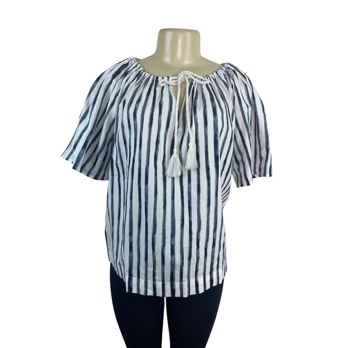 Loft Women's Blue Striped & Elbow Sleevess Peasant Blouse Sz S - New