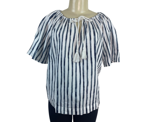 Loft Women's Blue Striped & Elbow Sleevess Peasant Blouse Sz S - New