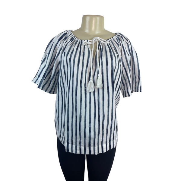 Loft Women's Blue Striped & Elbow Sleevess Peasant Blouse Sz S - New