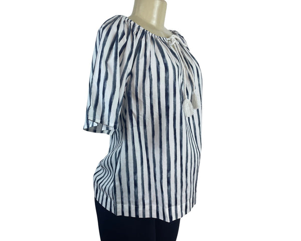 Loft Women's Blue Striped & Elbow Sleevess Peasant Blouse Sz S - New