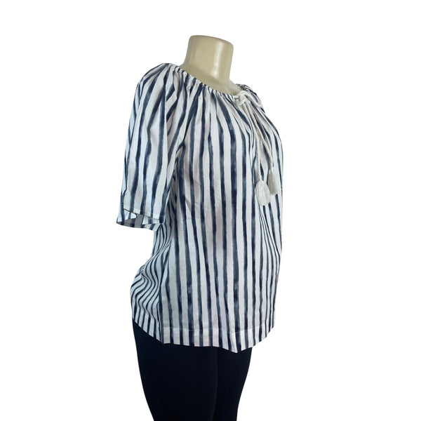 Loft Women's Blue Striped & Elbow Sleevess Peasant Blouse Sz S - New