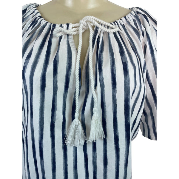 Loft Women's Blue Striped & Elbow Sleevess Peasant Blouse Sz S - New