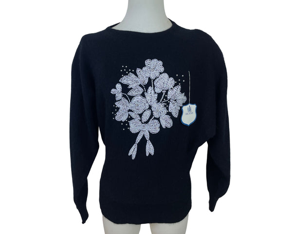 Vintage Designed By Deans Womens Black Beaded Floral Sweater Pullover Sz M - New