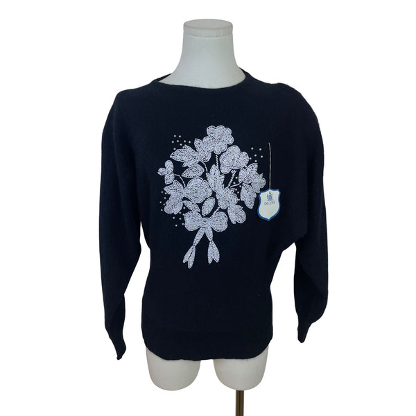 Vintage Designed By Deans Womens Black Beaded Floral Sweater Pullover Sz M - New