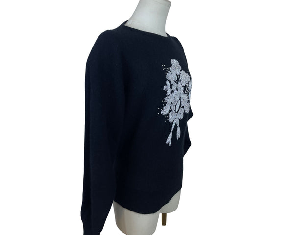 Vintage Designed By Deans Womens Black Beaded Floral Sweater Pullover Sz M - New