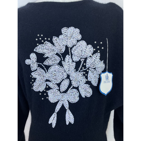 Vintage Designed By Deans Women's Black Beaded Floral Sweater Pullover Size M