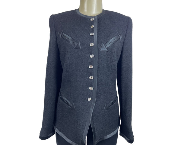 Rena Lange Black Wool Alpaca Blend Sz 42 Button-Up Collarless Blazer Jacket