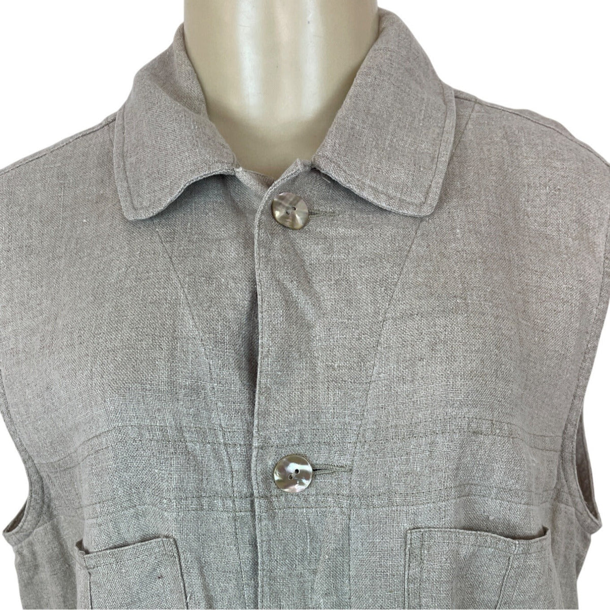 Classiques Entier Beige Linen Sleeveless Button-Up With Pockets Womens Vest Sz M