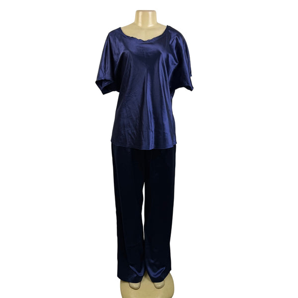 My-Bodhi Women’s Navy Satin Silk Shirt & Pants Set Loose Fit Chic  Sz L/XL