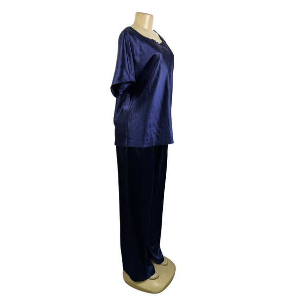 My-Bodhi Women’s Navy Satin Silk Shirt & Pants Set Loose Fit Chic  Sz L/XL