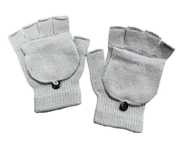 Gray Mens Convertible Knit Gloves Fingerless Mittens One Button Flap Winter Warm