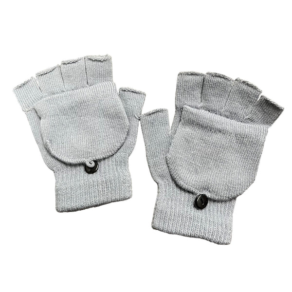 Gray Mens Convertible Knit Gloves Fingerless Mittens One Button Flap Winter Warm