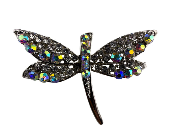Silver Tone Multi-Color Rhinestone Dragonfly Brooch Pin Sparkling Insect Jewelry