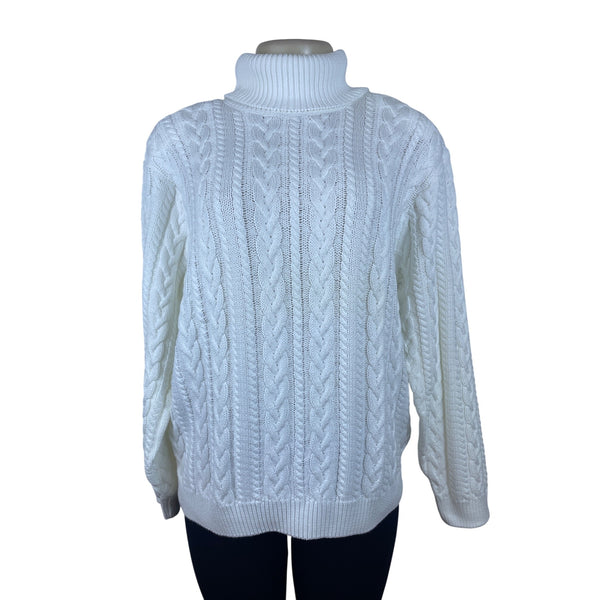 Wainscott Women's White Cotton Cable Knit Turtleneck Sweater Size L