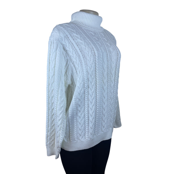 Wainscott Women's White Cotton Cable Knit Turtleneck Sweater Size L