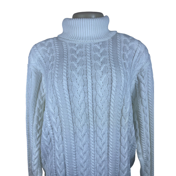 Wainscott Women's White Cotton Cable Knit Turtleneck Sweater Size L