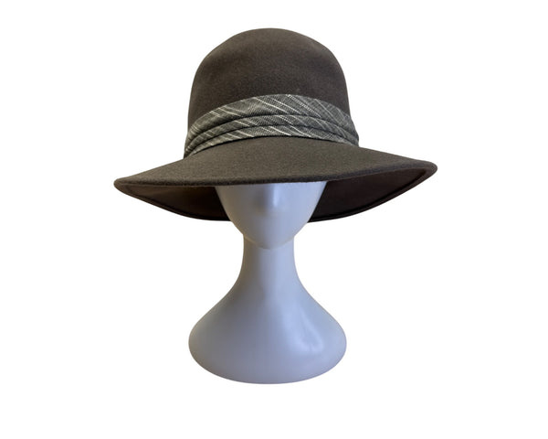 Makins New York Womens Brown Wool Hat With Plaid Band Detail Wide Brim Fedora Style