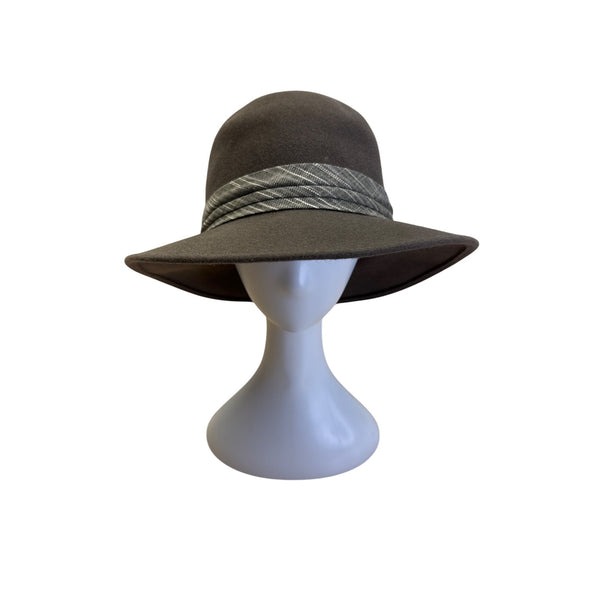 Makins New York Womens Brown Wool Hat With Plaid Band Detail Wide Brim Fedora Style