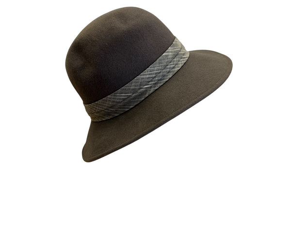 Makins New York Womens Brown Wool Hat With Plaid Band Detail Wide Brim Fedora Style